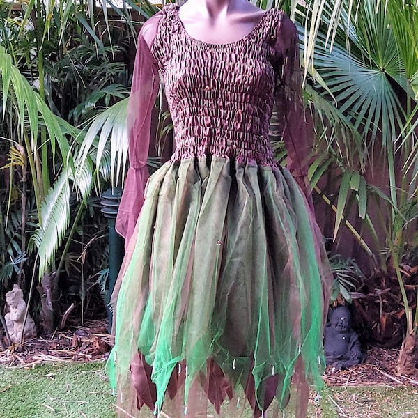 Fairy Dress (with Sleeves) - Women's ONE SIZE (Aus 8-16) - Dark Brown & Forest Green