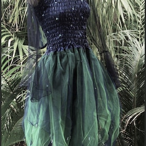 Fairy Dress (with Sleeves and Wings) - Women's ONE SIZE (Aus 8-16) - Midnight Blue & Green