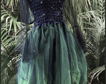 Feenkleid (mit Ärmeln und Flügeln) - Damen ONE SIZE (Aus 8-16) - Midnight Blue & Green