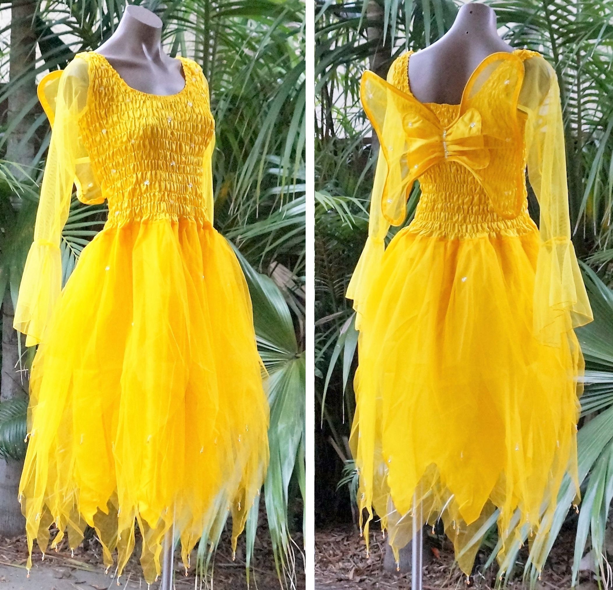 Fairy Dress (with Sleeves and Wings) - Women's ONE SIZE (Aus 8-16) - Gold