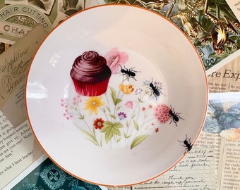 Vintage Altered Art, Cupcake Picnic w/ Ants, Hanging Wall Fine China Plate, Trinket Jewelry Dish,1970s Stratford Mikasa Japan Porcelain Bowl