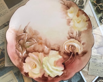 Antique Scalloped Porcelain Plate Vienna Austria PH Leonard - Vintage Hand Painted Pastel Tea Roses Pink & White Motif