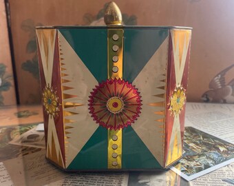 Colorful Vintage Baret Ware Metal Tin For Tea Candy Geometric Flowers