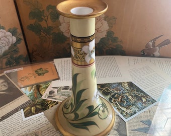 Antique Pickard Art Nouveau Hand Painted China Candle Stick 1905 - 1910 SIGNED by Artist Emil J.T. Fischer White Lily Pattern Art Deco Style