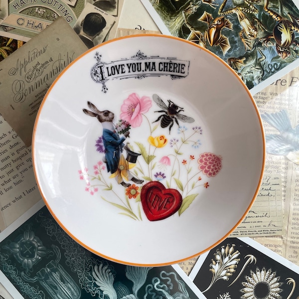 Victorian Gentleman Rabbit, Vintage Altered Art, Upcycled Fine China, Hanging Wall Art Decor, Stratford Mikasa Japan, Trinket Jewelry Dish