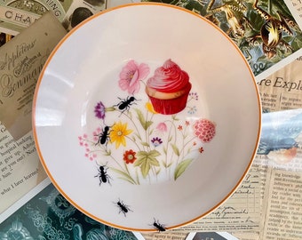 Vintage Altered Art, Cupcake Picnic w/ Ants, Hanging Wall Fine China Plate, Trinket Jewelry Dish,1970s Stratford Mikasa Japan Porcelain Bowl