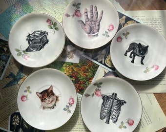 Upcycled China Plate, Vintage Hanging Plates, Altered Art, Bone China, Gothic Antique, Trinket Dish Gift, Palm Reading Wall Decor, Halloween