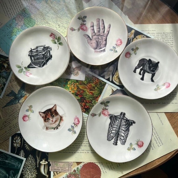 Upcycled China Plate, Vintage Hanging Plates, Altered Art, Bone China, Gothic Antique, Trinket Dish Gift, Palm Reading Wall Decor, Halloween