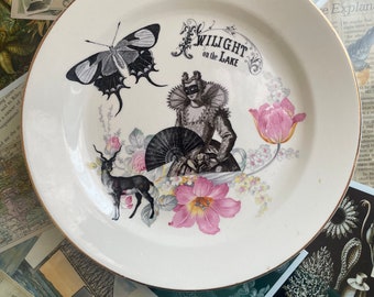 Decorative Plate Twilight on the Lake Altered Art Vintage Hanging Plate, Royal China Sebring OH Debutante, Trinket Tray, Jewelry Ring Dish