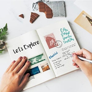 Puede incluir: Un cuaderno abierto con las palabras "Let's Explore" escritas en la p&aacute;gina izquierda. La p&aacute;gina derecha tiene una lista titulada "Wanderlust" con una lista de verificaci&oacute;n de empaque. Hay varios sellos postales en la p&aacute;gina izquierda.