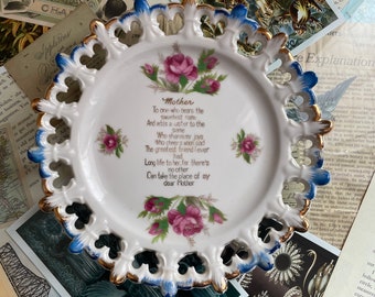 Open Lace Mother Tribute 8 inch Decorative Souvenir Plate or Wall Hanging Lugenes Made in Japan