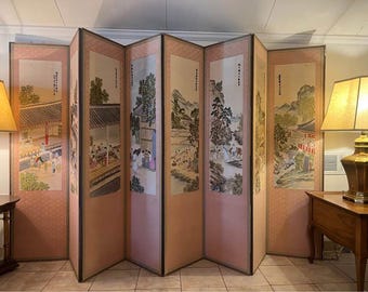 Antique Korean Hand Embroidered Silk 8 Panel  Room Divider