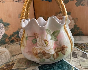 Hand Painted Ceramic Purse Basket Vase, Vintage Watercolor Floral, Gold Trim