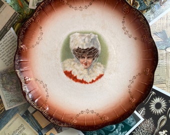 RARE Antique Pre 1892 Mintone Portrait Plate Victorian Woman Wearing A White Mink Hat
