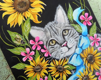 Sunflower Kitty Cat Painting, Cat, Floral, Honey Bee Art, 9 X 12 inch Acrylic Painting