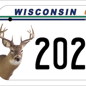 May include: A white Wisconsin license plate with a black deer head and antlers on the left side. The plate number is 2025WI. The top of the plate has a blue, green, and white stripe with a red barn, a tent, and two birds.