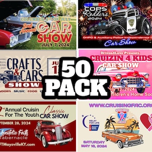 May include: A collection of 50 car show flyers with various themes and dates. The flyers feature classic cars, police cars, and other vehicles. Some flyers include the text "Cops Rodders 2024", "Cruizin 4 Kids Car Show", "Crafts & Cars Show", and "2nd Annual Cruisin For The Youth Classic Car Show".