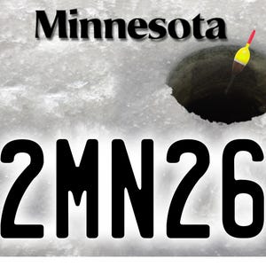May include: A Minnesota-themed license plate with a fishing scene. The plate displays the word 'Minnesota', a fishing hole with a bobber, and the registration number 2MN26. The background has a textured, icy appearance.