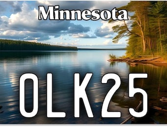 Puede incluir: Una placa de matrícula de Minnesota con el número "OLK 25" en un lago azul con un bosque en el fondo.