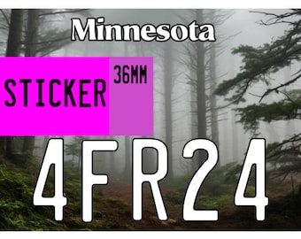 Puede incluir: Una placa de matrícula de Minnesota con el número 4FR24. La placa tiene una pegatina rosa que dice "STICKER 36MM". El fondo de la placa es una imagen borrosa de un bosque brumoso.