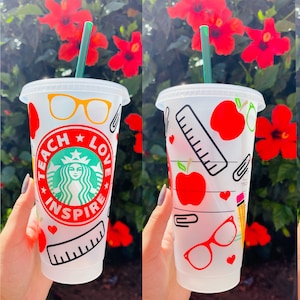 Personalized Teacher Tumbler: Teach Love Inspire Starbucks Venti Cold Cup