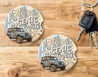 Vintage Jeep Ceramic Coaster | Scenic Route Decor | Retro Road Trip Coaster Set
