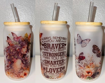 16oz Frosted Glass Can | Always Remember You Are Braver Glass Can | Bravery and Strength Glass Can | Butterfly Glass Can