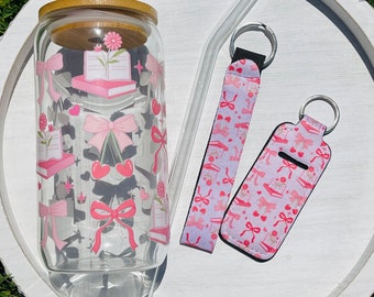 Coquette Glass Can Bundle| Keychain Wristlet | Chapstick Holder | Coquette Book Girl Glass Can | Pink Bows | Iced Coffee Glass Can