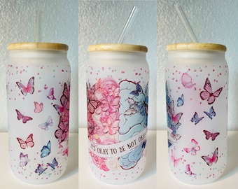 16oz Frosted Glass Can | Always Remember You Are Braver Glass Can | Bravery and Strength Glass Can | Butterfly Glass Can