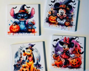 Disney Halloween Ceramic Coasters | Set of 4 Sublimated Coasters | Mickey & Friends Halloween Decor | Cute Spooky Drink Coasters