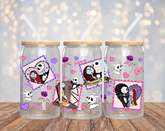 Cartoon Tumbler | Nightmare Before Christmas | 16oz Glass Can | Valentines Day Tumbler | Valentines Day Gift for Her | Jack and Sally