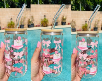 Coquette Glass Can | Coquette Book Girl Glass Can | Pink Bows Glass Can | Iced Coffee Glass Can