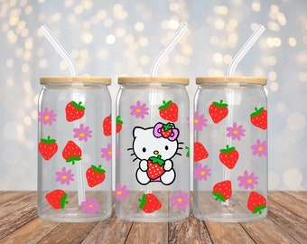 Kitty Glass Can | Strawberry Glass Can | 16oz Glass Can