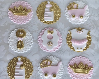 Princess Fondant Cupcake Toppers. Edible Baby Shower Toppers. Pink and Gold Baby Shower Cupcake Toppers. Princess Crown Dress Cupcake Topper