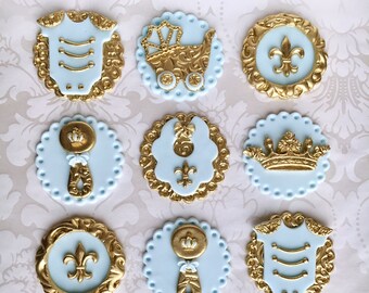 Little Prince Baby Shower. Light Blue and Gold Baby Shower Cupcake Toppers. Baby Blue and Gold Baby Shower. Prince Cupcake Fondant Toppers