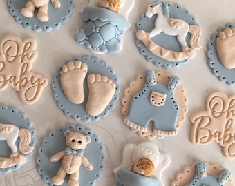 Baby Boy Fondant Cupcake Toppers/Teddy Bear Baby Shower Topper/Edible Baby Shower Cupcake Topper/One Dozen Cupcake Toppers/ Blue Baby Shower