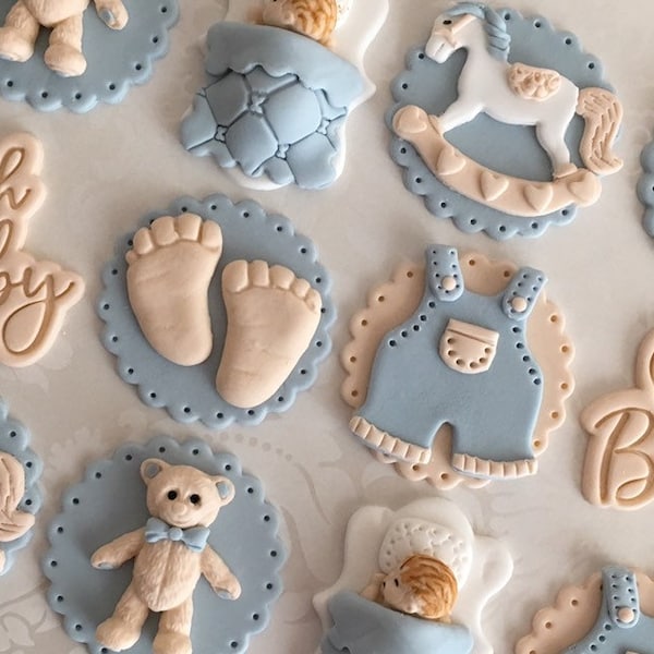 Baby Boy Fondant Cupcake Toppers/Teddy Bear Baby Shower Topper/Edible Baby Shower Cupcake Topper/One Dozen Cupcake Toppers/ Blue Baby Shower