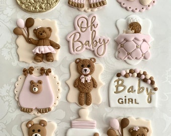 Teddy Bear cupcake toppers/Edible Baby Shower cupcake toppers/Girl Baby Shower cupcake toppers/Fondant Teddy Bear cupcake toppers/baby girl.