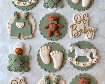 Teddy Bear cupcake toppers/edible baby shower cupcake toppers/Boy baby shower cupcake toppers/fondant baby shower cupcake toppers.