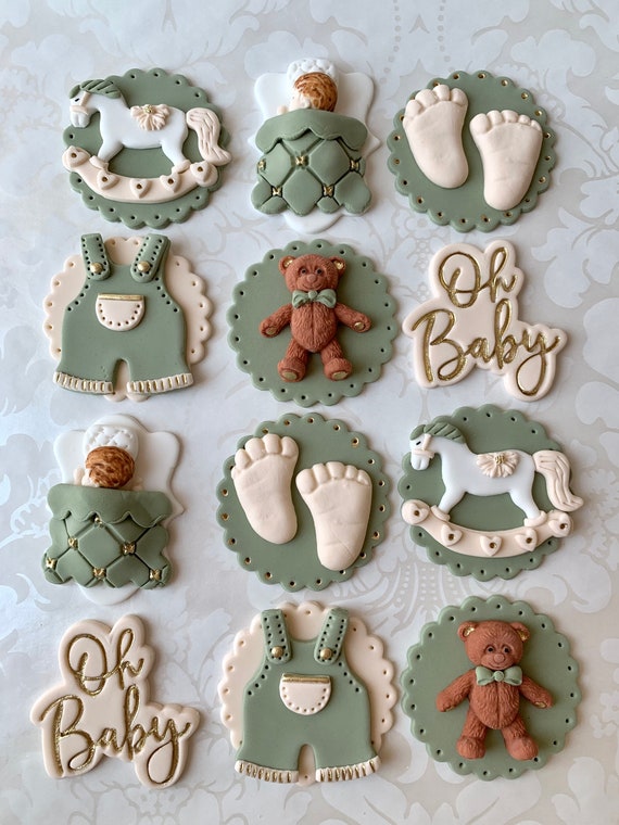 Teddy Bear cupcake toppers/edible baby shower cupcake toppers/Boy baby  shower cupcake toppers/fondant baby shower cupcake toppers.