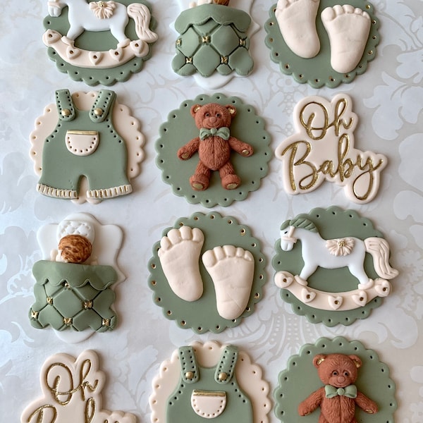 Teddy Bear cupcake toppers/edible baby shower cupcake toppers/Boy baby shower cupcake toppers/fondant baby shower cupcake toppers.