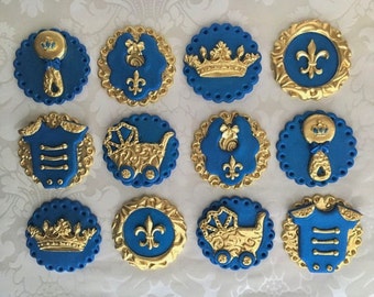 Prince Fondant Cupcake Toppers. Edible Baby Shower toppers. Royal theme Baby Shower cupcake toppers . Royal Blue & gold Baby Shower Toppers.