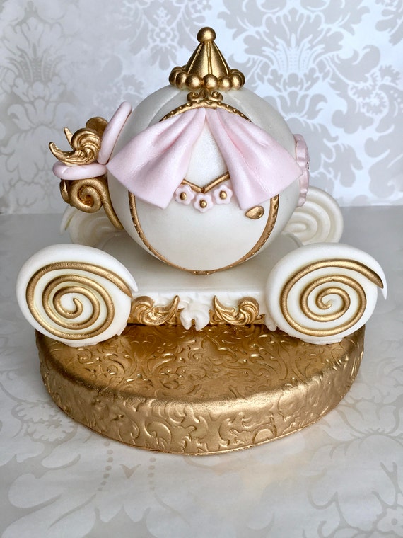 Cinderella Carriage Fondant Cake Topper. Pink and Gold Cinderella Carriage Cake Topper. Edible Princess Cake Topper. Once Upon a Time Topper