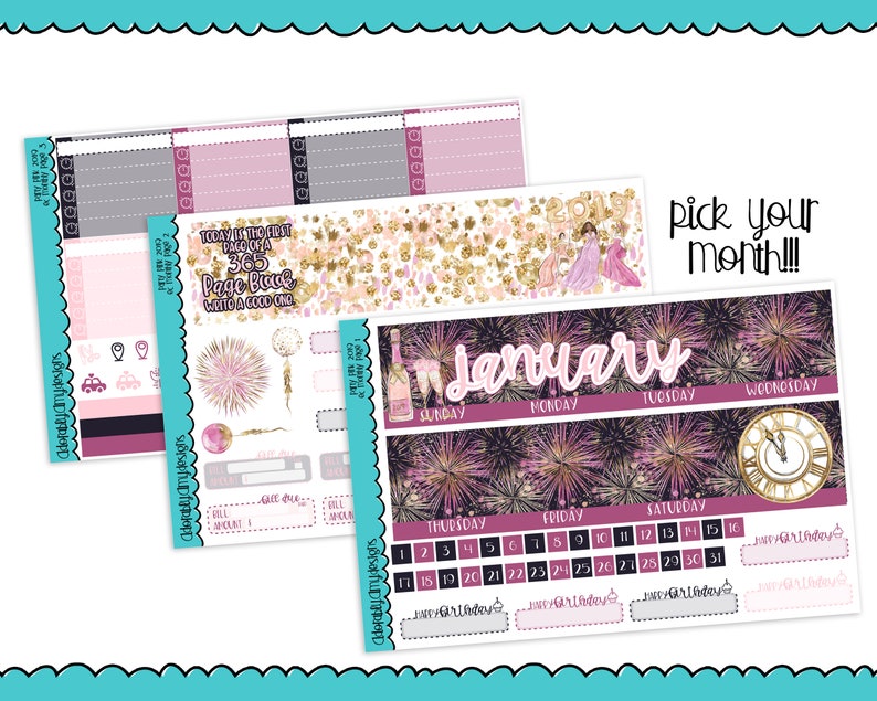 Pick Your Month Party Pink 2019 New Years Themed Monthly View Planner Sticker Kit for Erin Condren Planners or Happy Planner