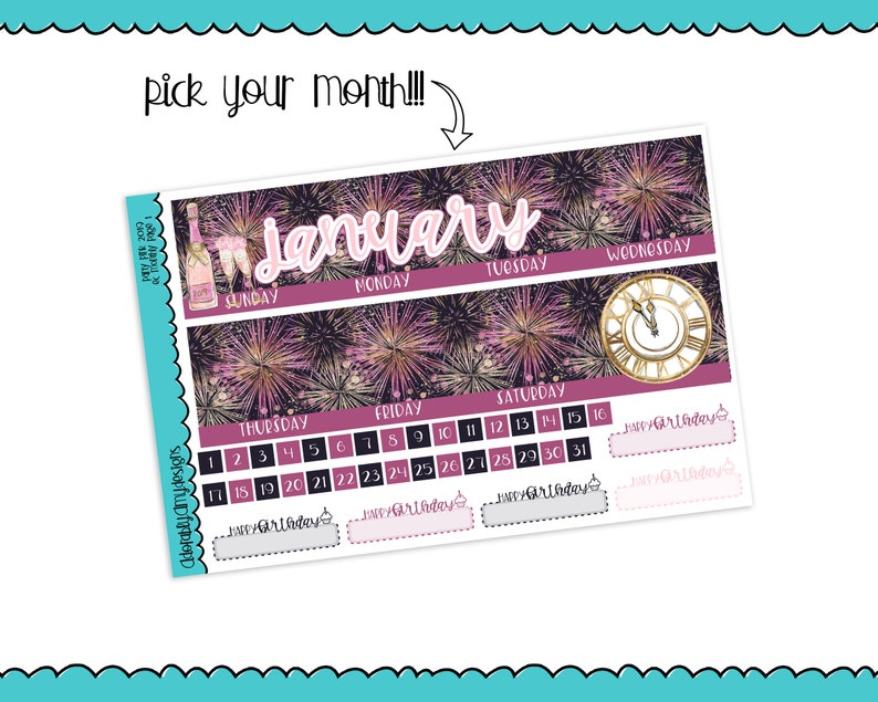 Pick Your Month Party Pink 2019 New Years Themed Monthly View Planner Sticker Kit for Erin Condren Planners or Happy Planner