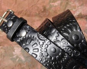 Steampunk Leather Belt: Hand Embossed Gear Design, Cosplay Burning Man