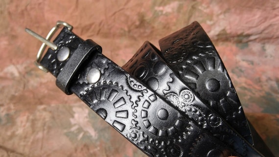 Steampunk leather belt -- Hand Tooled 1 1/2" Leather Belt -- Hand Stamped Belt -- Cosplay Burning Man- Steam Punk USA Made
