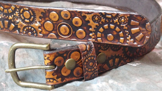 Steampunk Leather Belt -- Hand Tooled -- Hand Stamped Belt-- 1 1/2" Wide -- Steam Punk Burning Man Cosplay -- Made in the USA