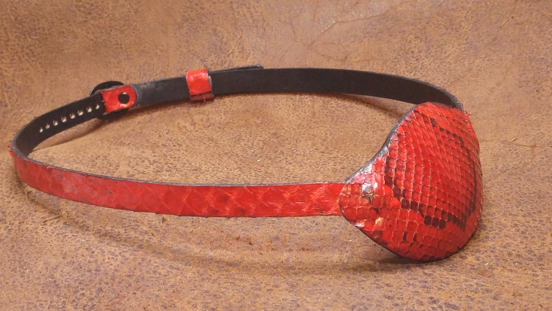 May include: A red leather eye patch with a snakeskin pattern. The patch is attached to a black leather strap with a buckle.