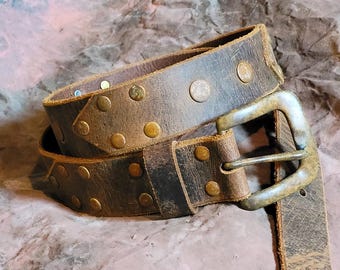 Distressed Leather Belt: Riveted Crazy Horse Buffalo, Hand Made USA
